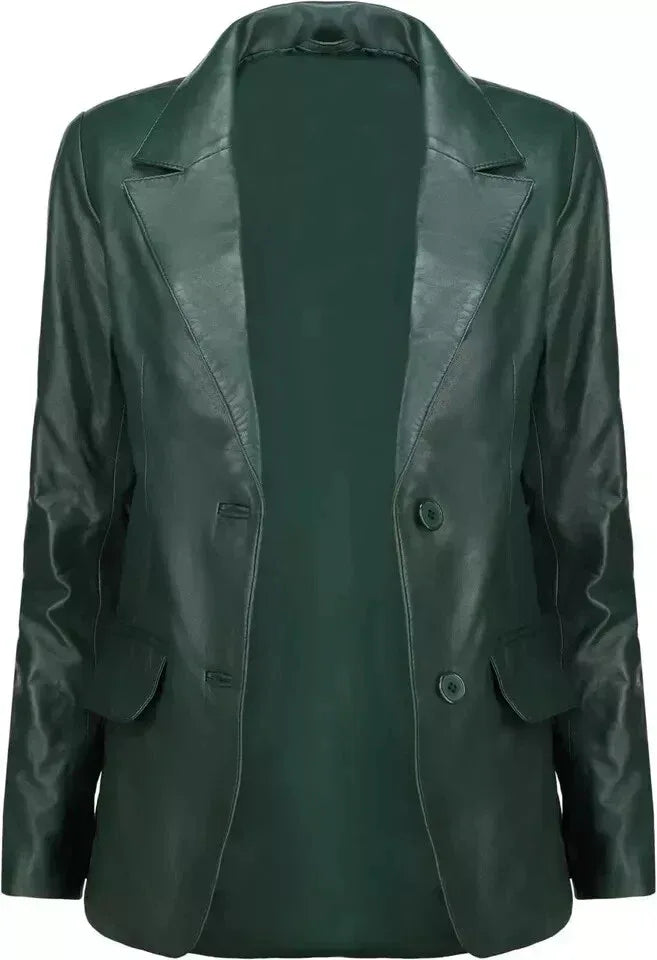 Women's Green Original Leather Blazer - Premium Full-Grain Handcrafted Jacket
