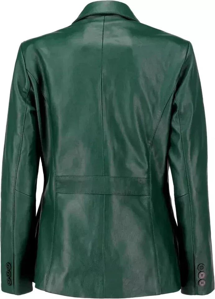 Women's Green Original Leather Blazer - Premium Full-Grain Handcrafted Jacket