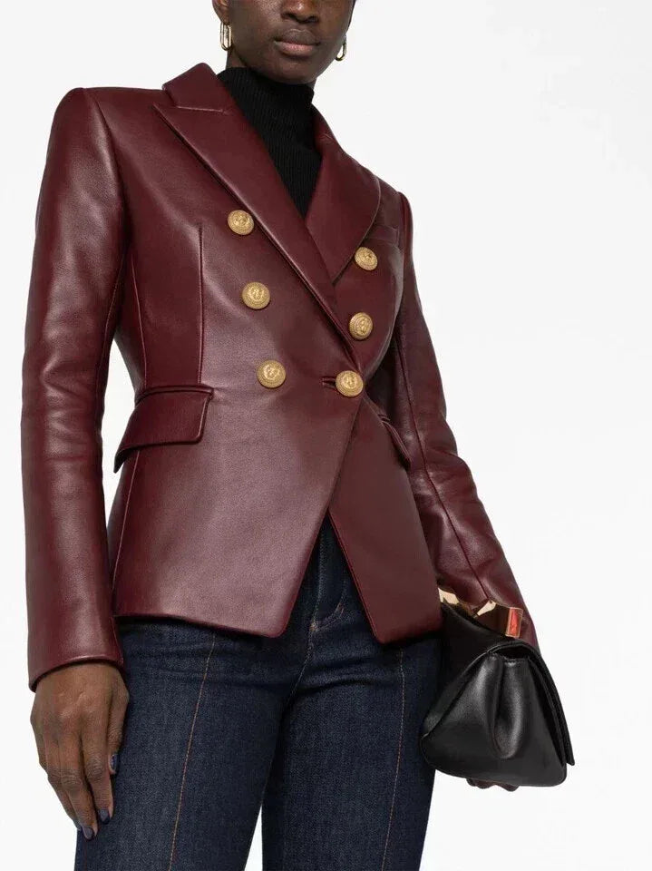 Women's Burgundy Leather Original Blazer - Premium Full-Grain Double-Breasted Jacket