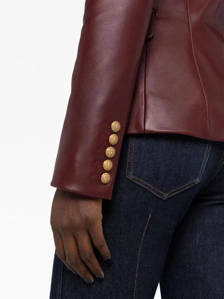 Women's Burgundy Leather Original Blazer - Premium Full-Grain Double-Breasted Jacket