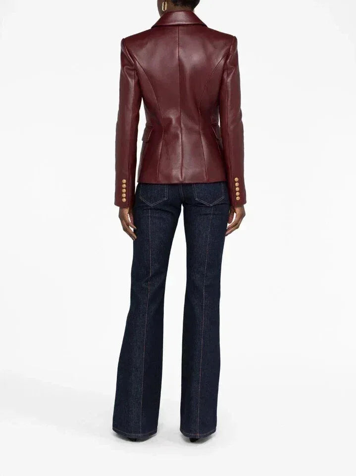 Women's Burgundy Leather Original Blazer - Premium Full-Grain Double-Breasted Jacket