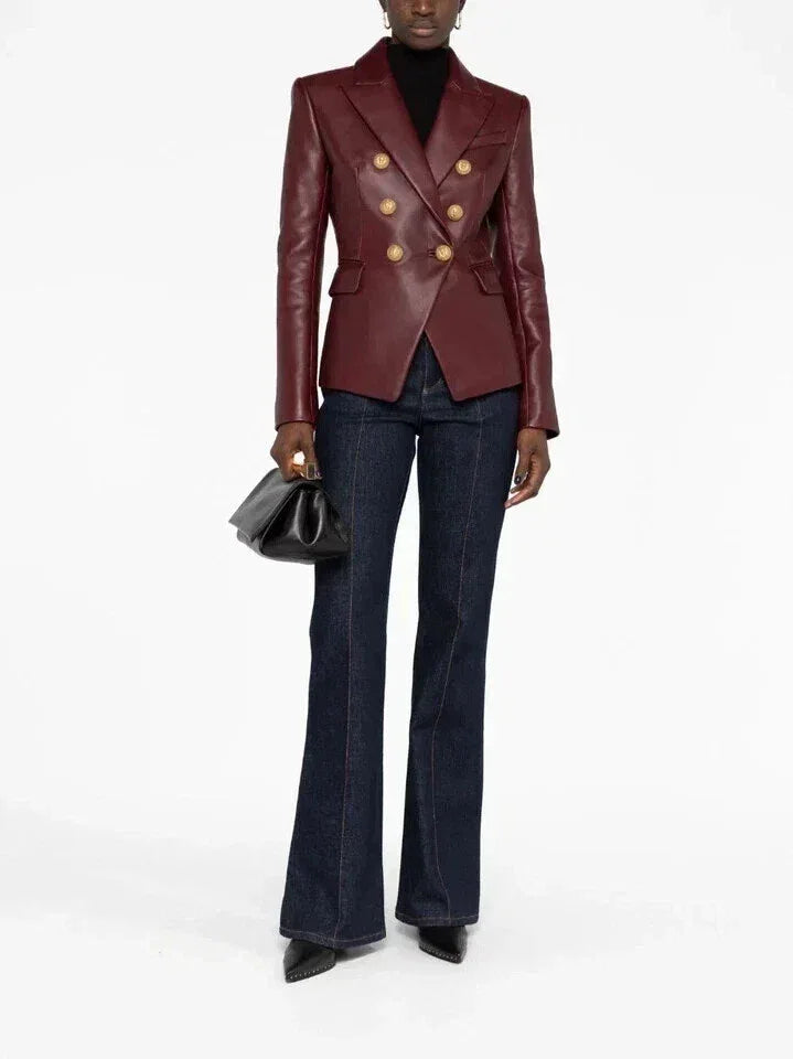 Women's Burgundy Leather Original Blazer - Premium Full-Grain Double-Breasted Jacket