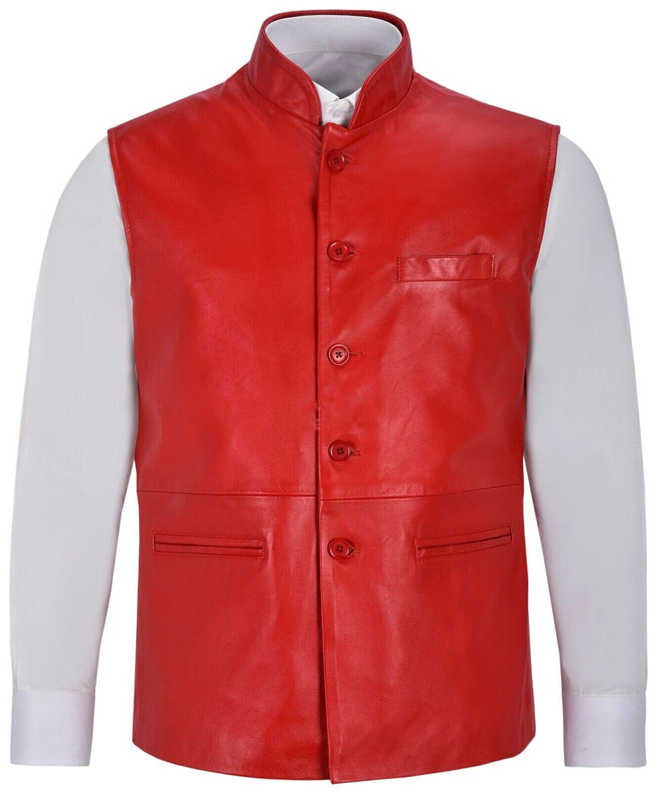 Original Red Leather Nehru Vest - Premium Full-Grain Leather Mandarin Collar Vest for Men & Women