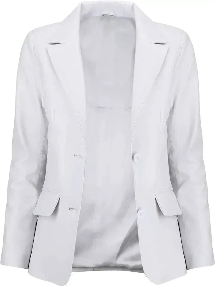 Women's White Original Leather Blazer  - Premium Full-Grain Two-Button Jacket