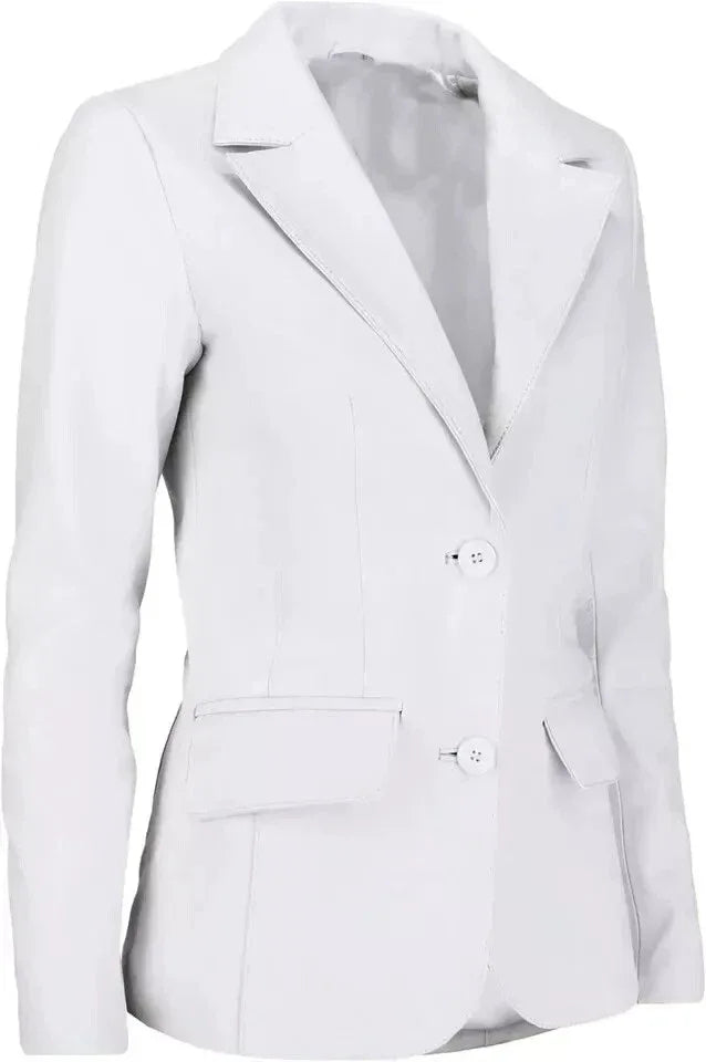 Women's White Original Leather Blazer  - Premium Full-Grain Two-Button Jacket