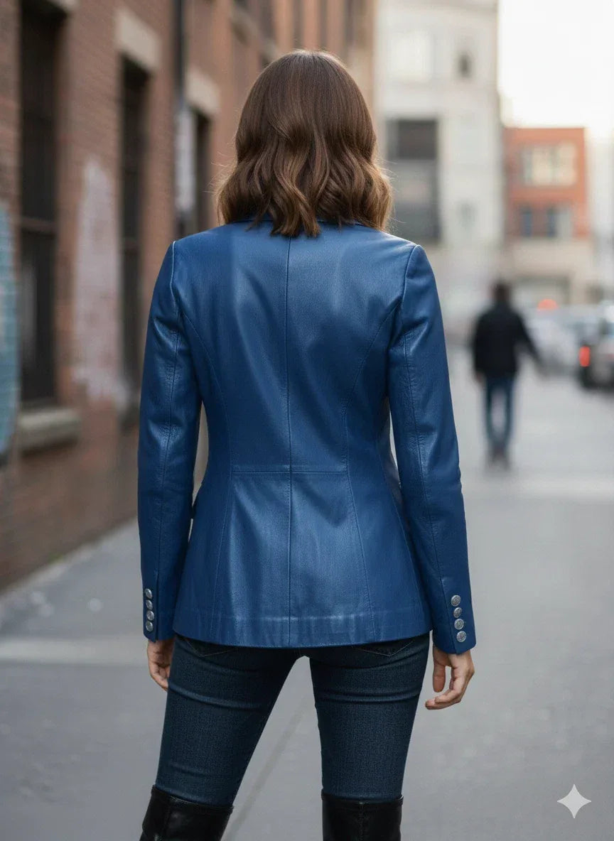 Women's Blue Original Leather Blazer - Premium Full-Grain Double-Breasted Jacket
