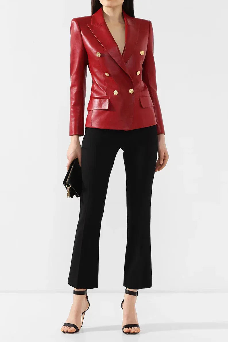 Women's Red Leather Original Blazer - Premium Full-Grain Double-Breasted Jacket