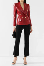 Women's Red Leather Original Blazer - Premium Full-Grain Double-Breasted Jacket