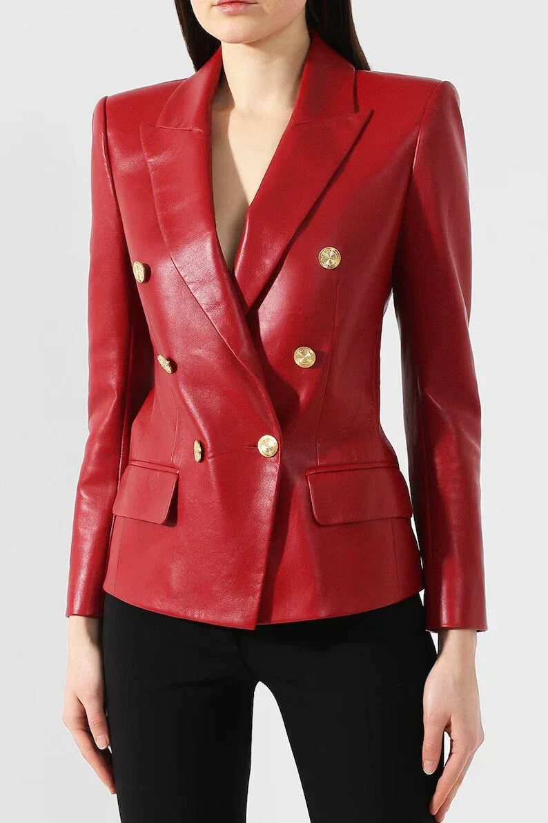 Women's Red Leather Original Blazer - Premium Full-Grain Double-Breasted Jacket