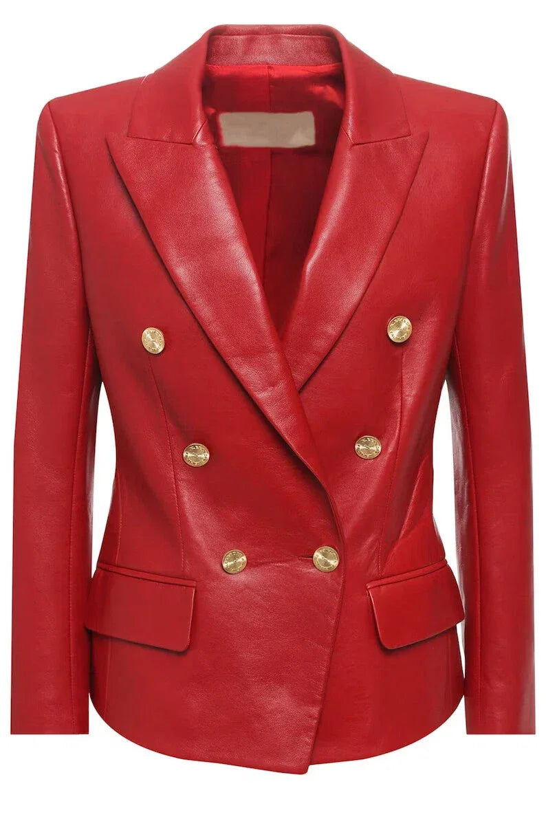 Women's Red Leather Original Blazer - Premium Full-Grain Double-Breasted Jacket
