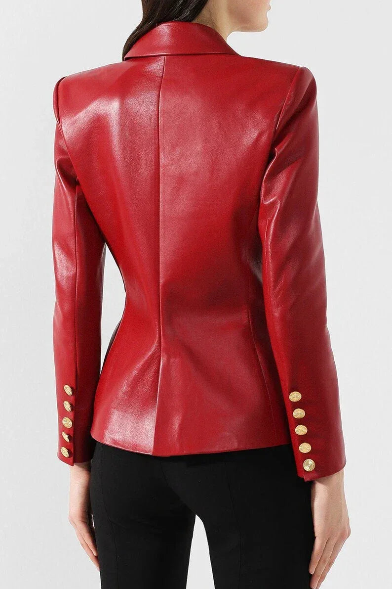Women's Red Leather Original Blazer - Premium Full-Grain Double-Breasted Jacket
