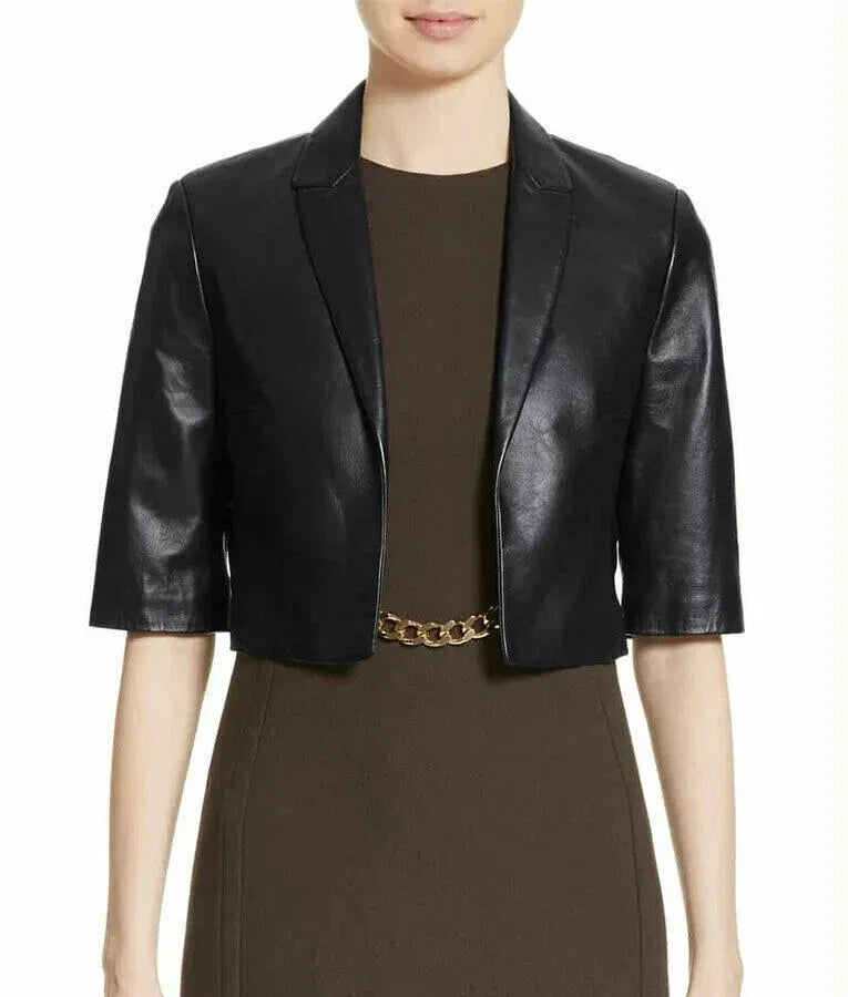 Women's Black Leather Cropped Original  Jacket - Premium Full-Grain Short Sleeve Bolero