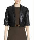 Women's Black Leather Cropped Original  Jacket - Premium Full-Grain Short Sleeve Bolero