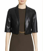 Women's Black Leather Cropped Original  Jacket - Premium Full-Grain Short Sleeve Bolero