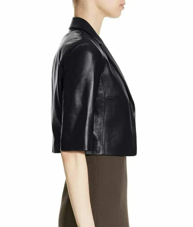 Women's Black Leather Cropped Original  Jacket - Premium Full-Grain Short Sleeve Bolero