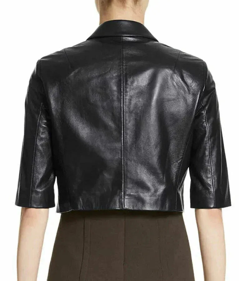 Women's Black Leather Cropped Original  Jacket - Premium Full-Grain Short Sleeve Bolero