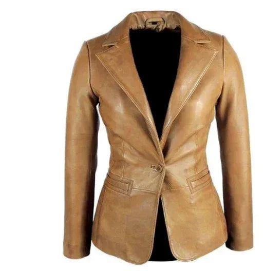 Women's Tan Original Leather Blazer - Premium Full-Grain Single-Button Jacket