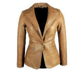 Women's Tan Original Leather Blazer - Premium Full-Grain Single-Button Jacket