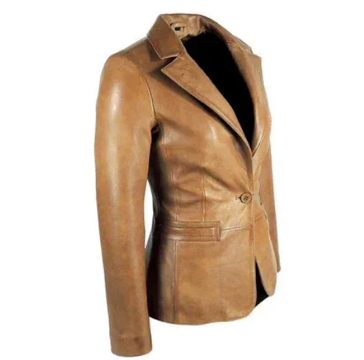 Women's Tan Original Leather Blazer - Premium Full-Grain Single-Button Jacket
