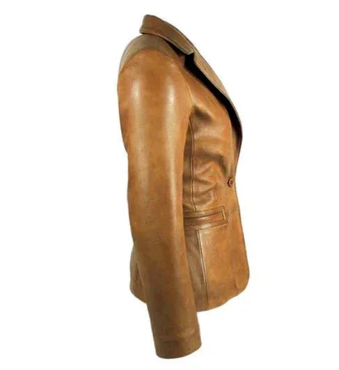 Women's Tan Original Leather Blazer - Premium Full-Grain Single-Button Jacket