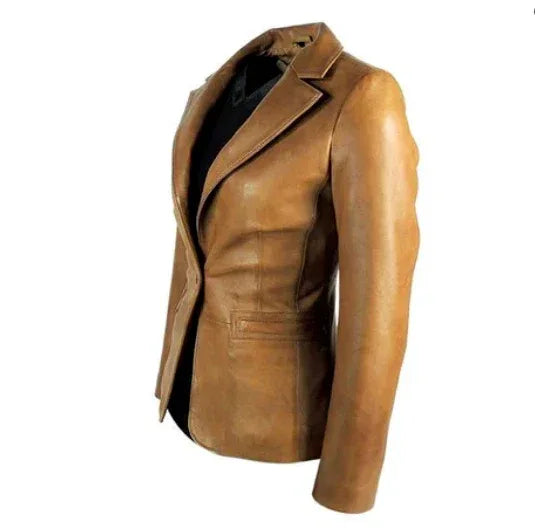 Women's Tan Original Leather Blazer - Premium Full-Grain Single-Button Jacket