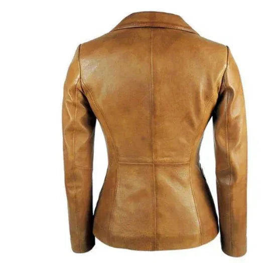 Women's Tan Original Leather Blazer - Premium Full-Grain Single-Button Jacket
