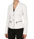 Women's White Leather Original Blazer - Premium Full-Grain Jacket with Zipper Details