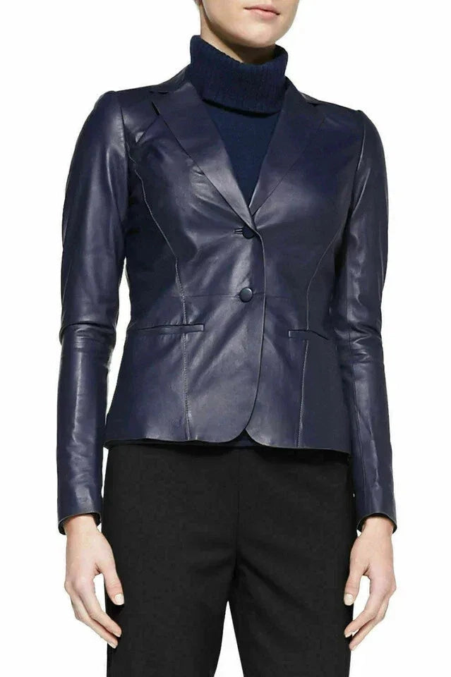 Women's Navy Blue Leather Original Blazer - Premium Full-Grain Single-Button Jacket
