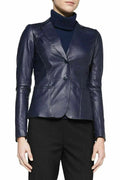 Women's Navy Blue Leather Original Blazer - Premium Full-Grain Single-Button Jacket