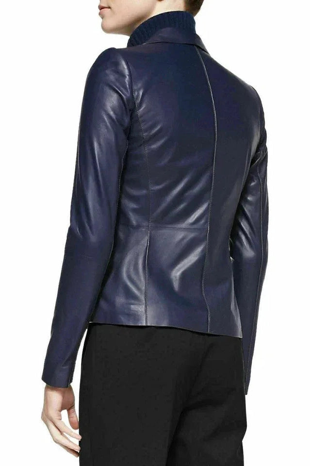 Women's Navy Blue Leather Original Blazer - Premium Full-Grain Single-Button Jacket