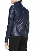 Women's Navy Blue Leather Original Blazer - Premium Full-Grain Single-Button Jacket