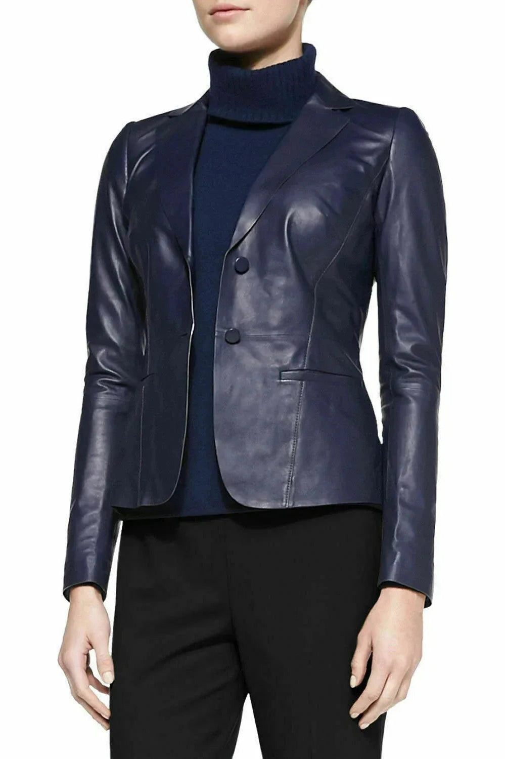 Women's Navy Blue Leather Original Blazer - Premium Full-Grain Single-Button Jacket