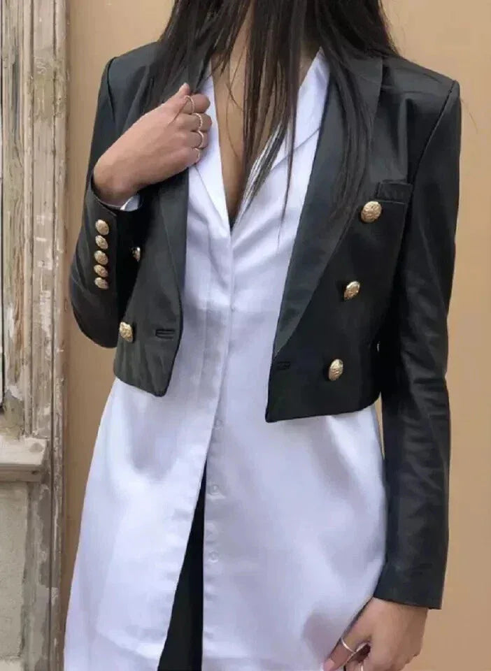 Women's Black Leather Cropped Original Blazer - Premium Full-Grain Double-Breasted Jacket