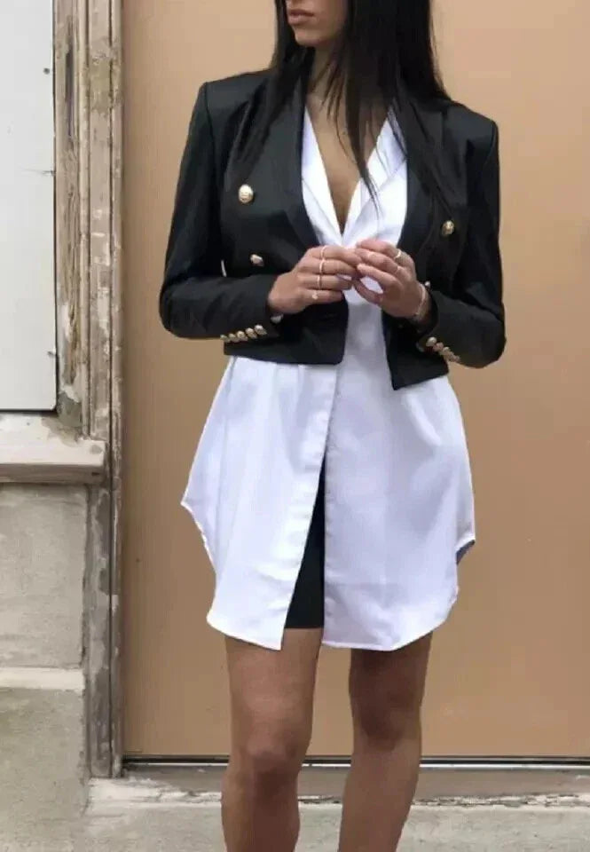 Women's Black Leather Cropped Original Blazer - Premium Full-Grain Double-Breasted Jacket