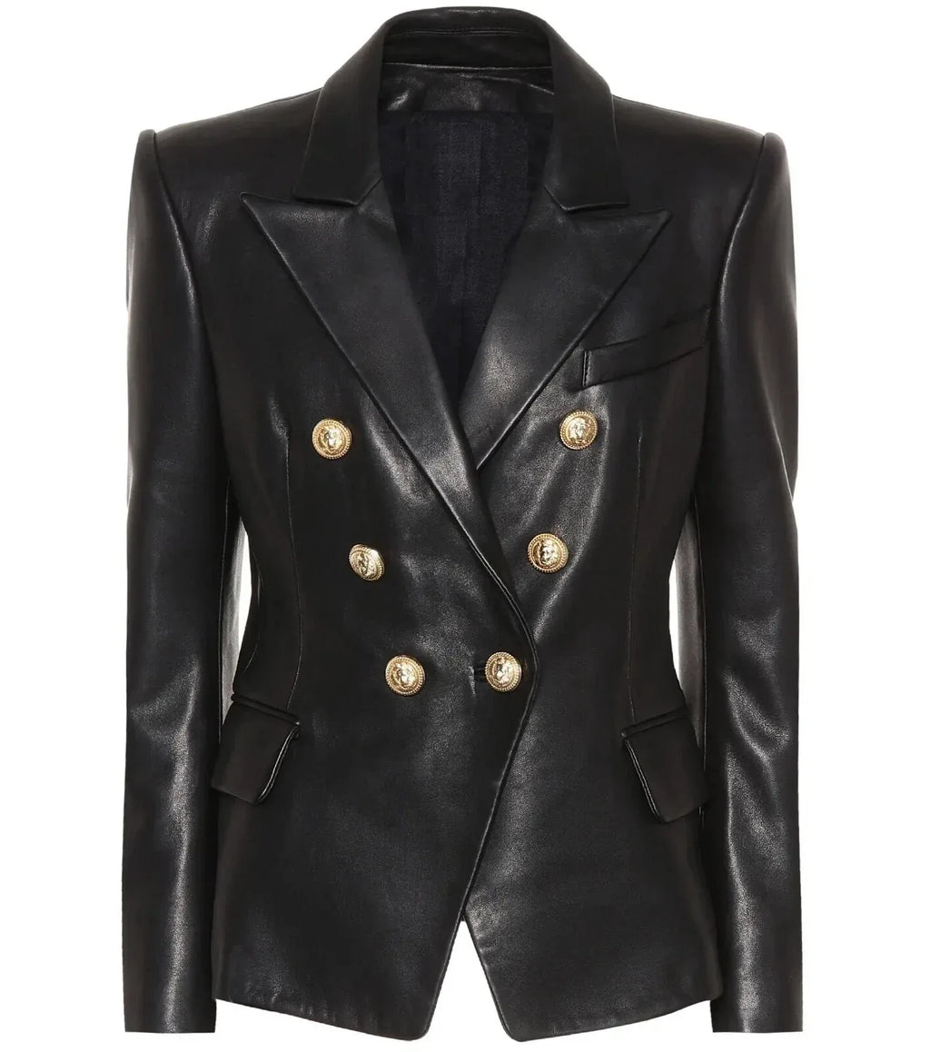 Women's Black Original Leather Blazer - Premium Full-Grain Double-Breasted Jacket with Gold Buttons
