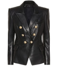 Women's Black Original Leather Blazer - Premium Full-Grain Double-Breasted Jacket with Gold Buttons