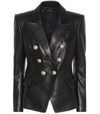 Women's Black Original Leather Blazer - Premium Full-Grain Double-Breasted Jacket with Gold Buttons
