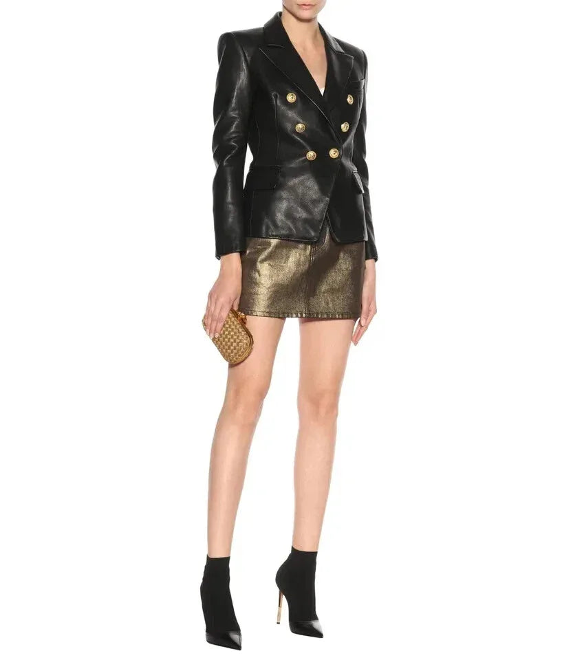 Women's Black Original Leather Blazer - Premium Full-Grain Double-Breasted Jacket with Gold Buttons