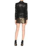 Women's Black Original Leather Blazer - Premium Full-Grain Double-Breasted Jacket with Gold Buttons