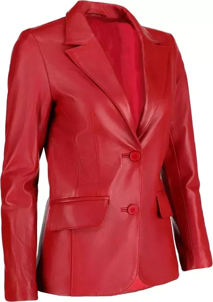 Women's Red Original  Leather Blazer - Premium Full-Grain Two-Button Jacket