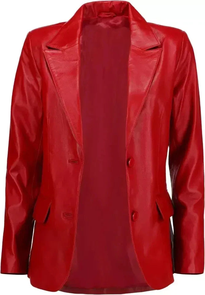 Women's Red Original  Leather Blazer - Premium Full-Grain Two-Button Jacket