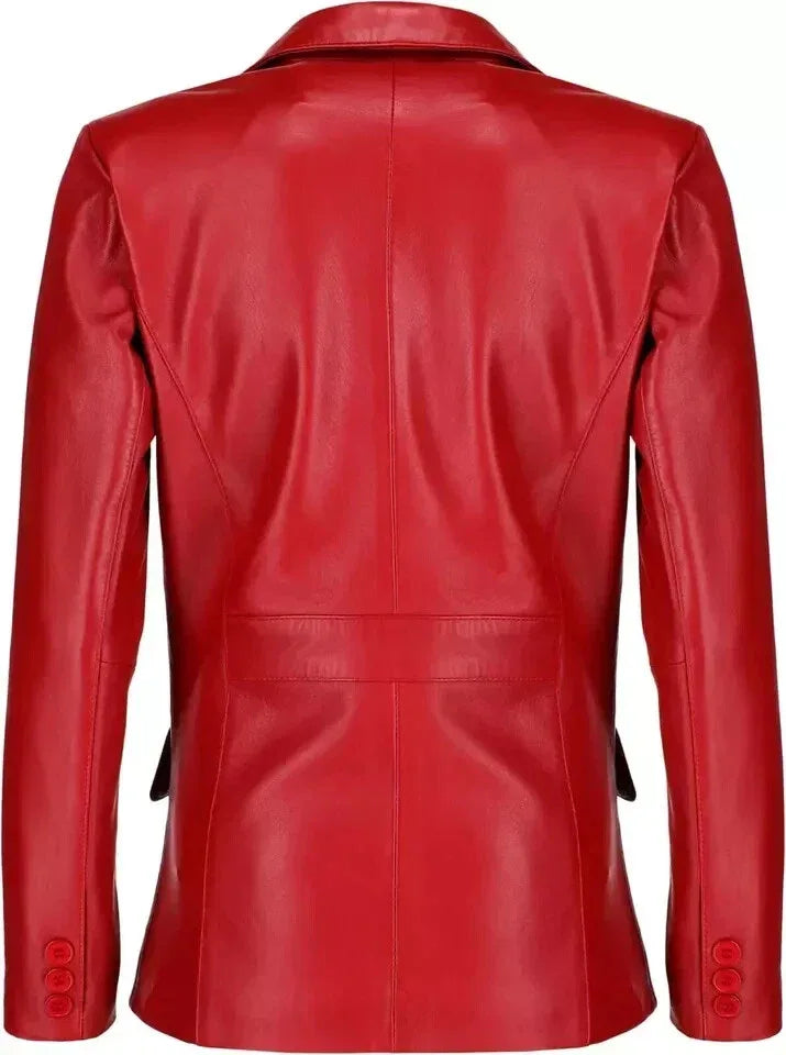 Women's Red Original  Leather Blazer - Premium Full-Grain Two-Button Jacket