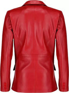 Women's Red Original  Leather Blazer - Premium Full-Grain Two-Button Jacket