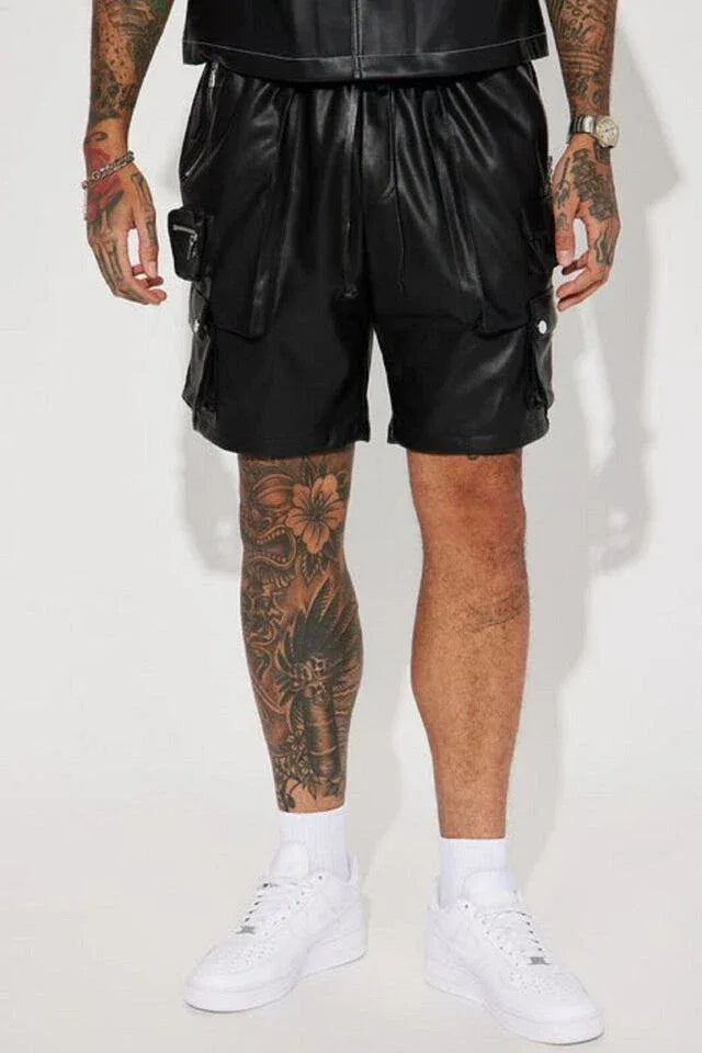 Black Original Leather Cargo Shorts - Premium Full-Grain Leather Utility Shorts for Men & Women