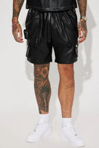 Black Original Leather Cargo Shorts - Premium Full-Grain Leather Utility Shorts for Men & Women