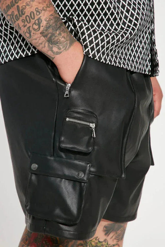 Black Original Leather Cargo Shorts - Premium Full-Grain Leather Utility Shorts for Men & Women