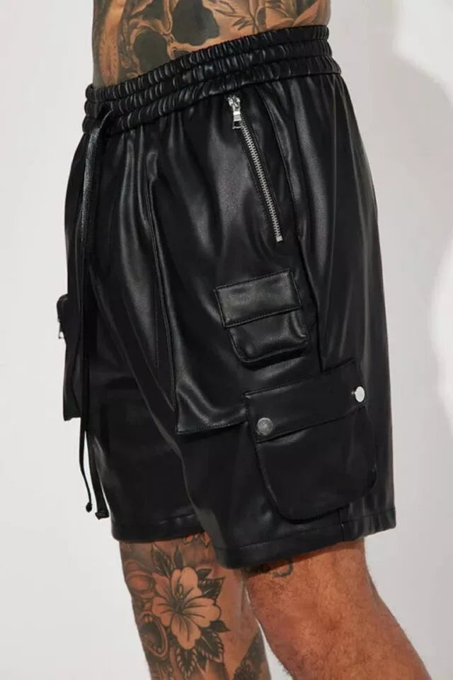Black Original Leather Cargo Shorts - Premium Full-Grain Leather Utility Shorts for Men & Women