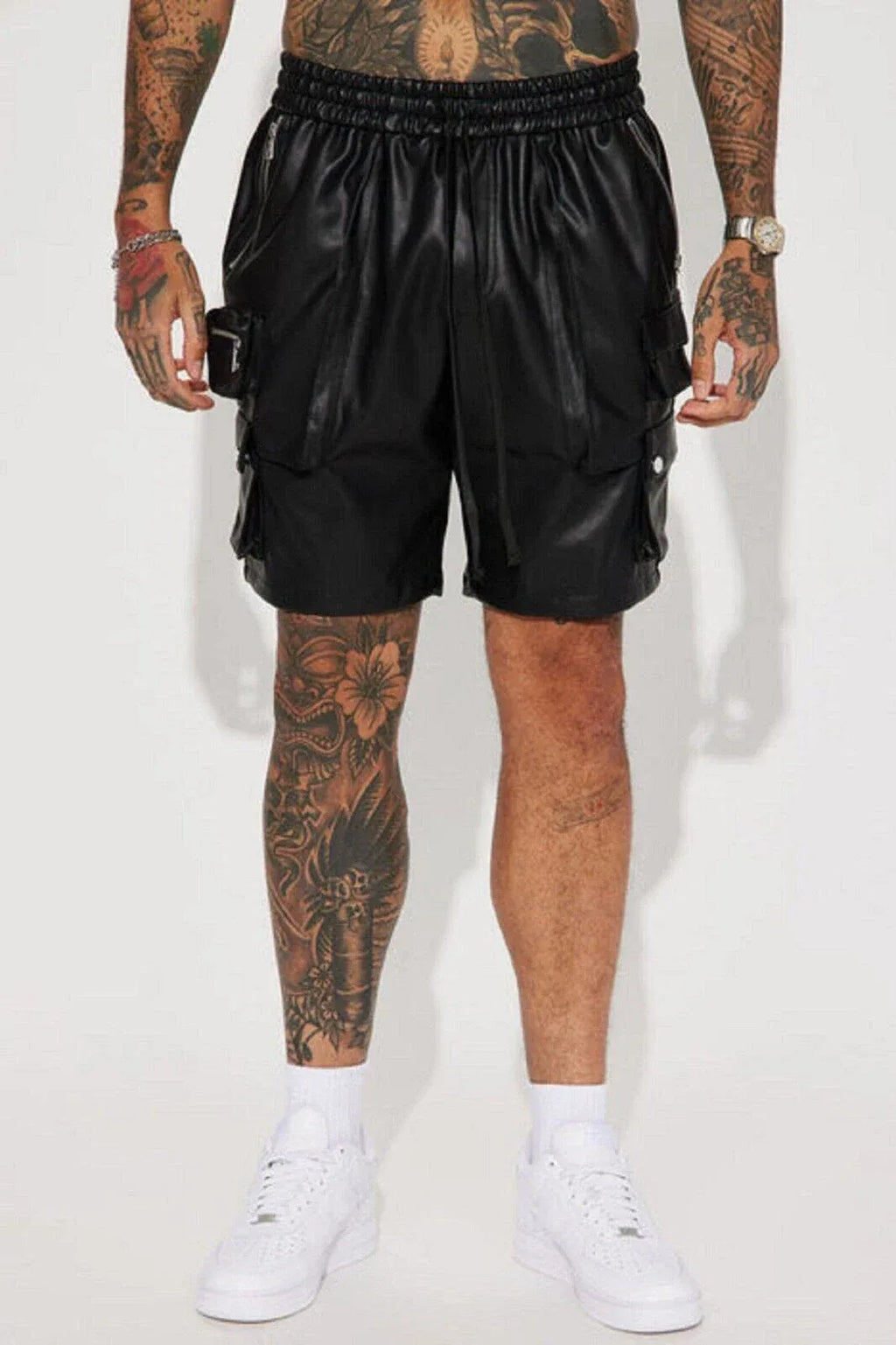 Black Original Leather Cargo Shorts - Premium Full-Grain Leather Utility Shorts for Men & Women