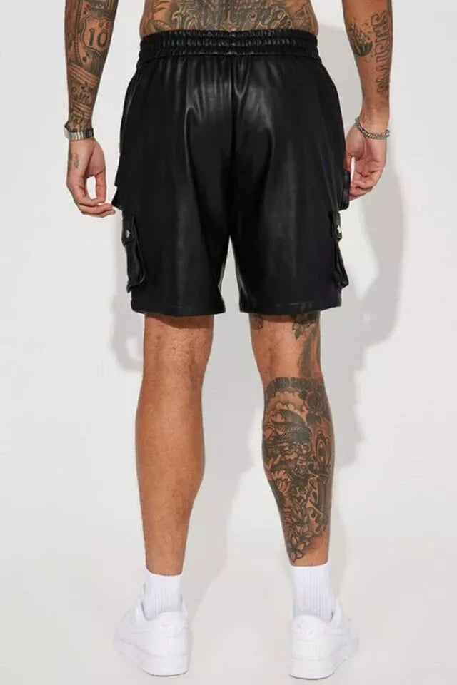 Black Original Leather Cargo Shorts - Premium Full-Grain Leather Utility Shorts for Men & Women