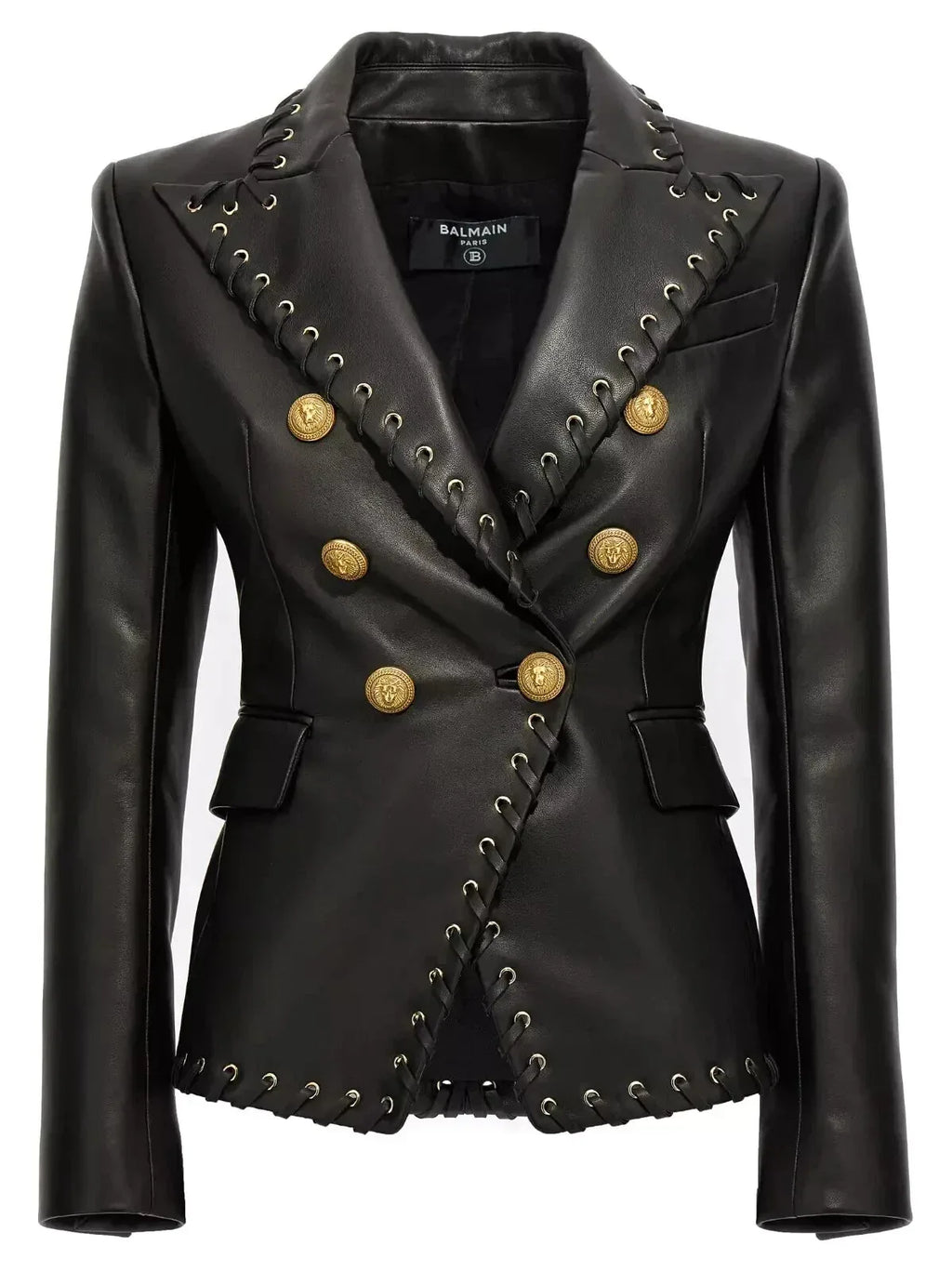 Women's Original Black Leather Blazer - Premium Full-Grain Double-Breasted with Lace-Up Details